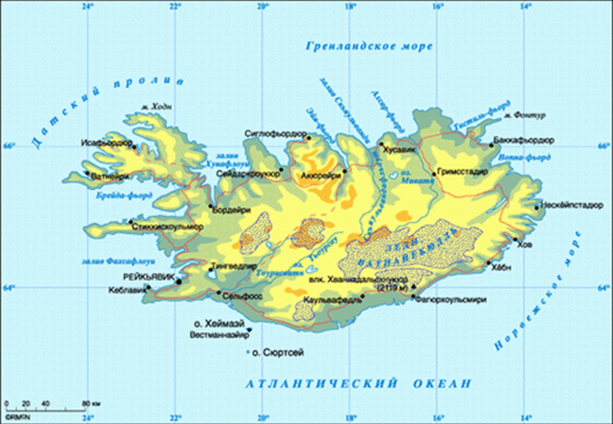 Остров Исландия на физической карте